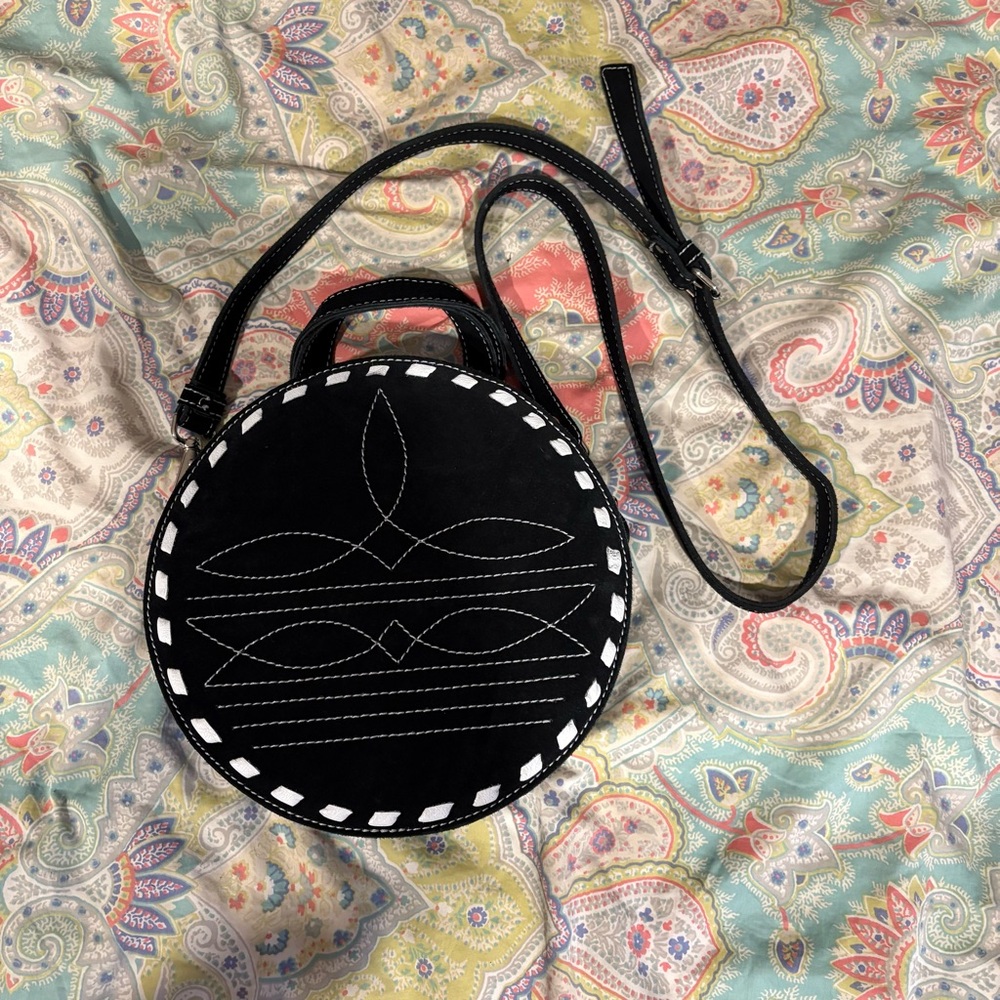Black Round Crossbody Bag with White Stitch Detail